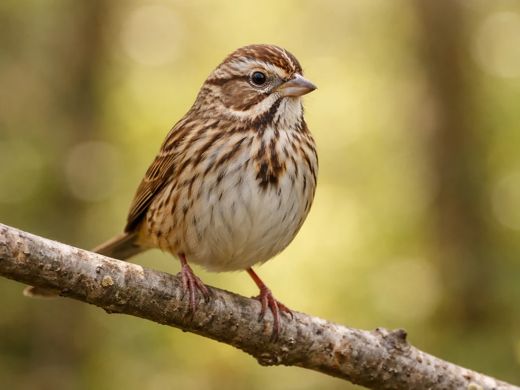 A single songbird perched on a branch, showing detailed feathers and beak in soft natural light.