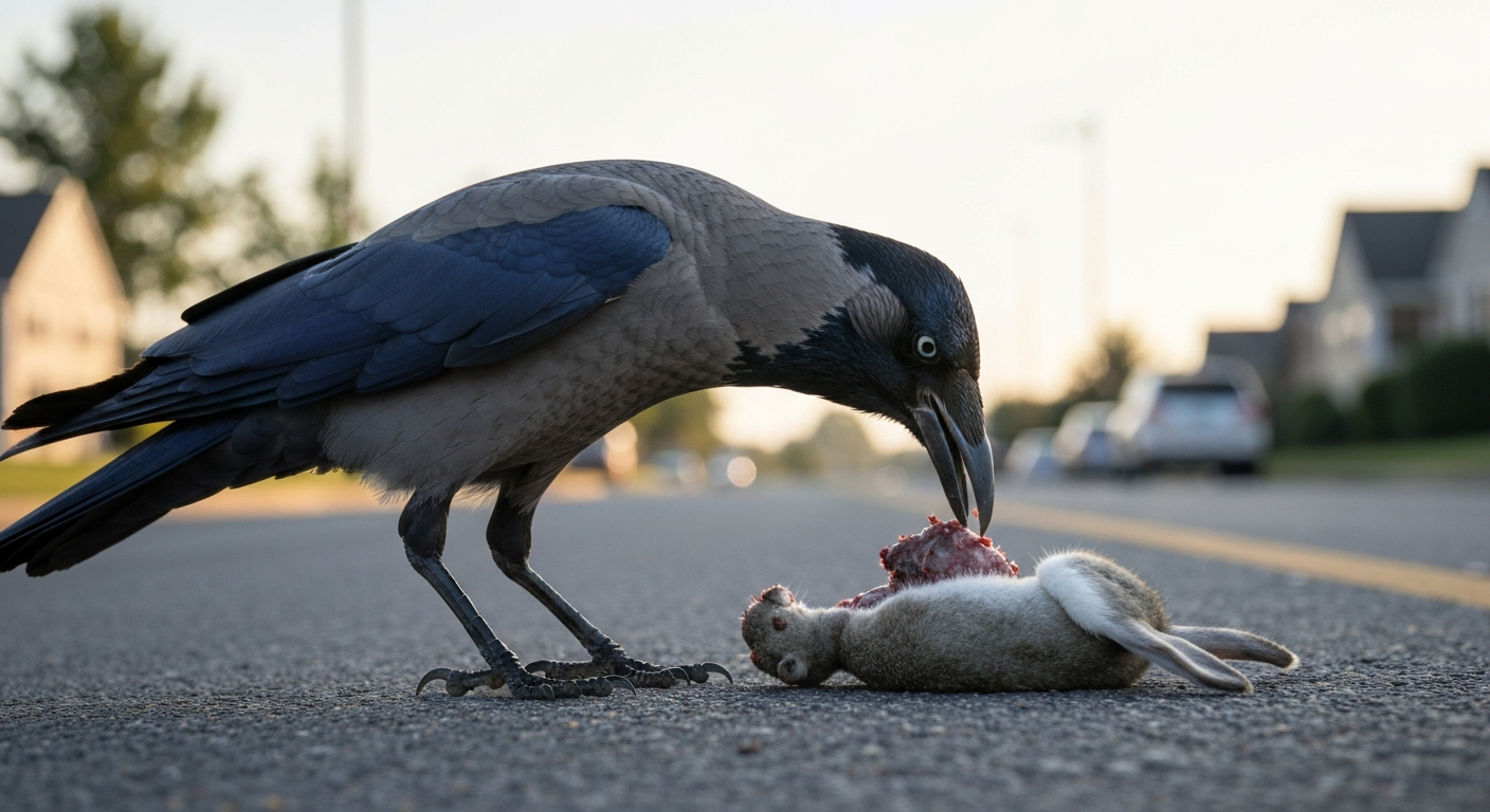 American Crow pecking at roadside carrion in a suburban dawn setting, illustrating opportunistic scavenging behavior.