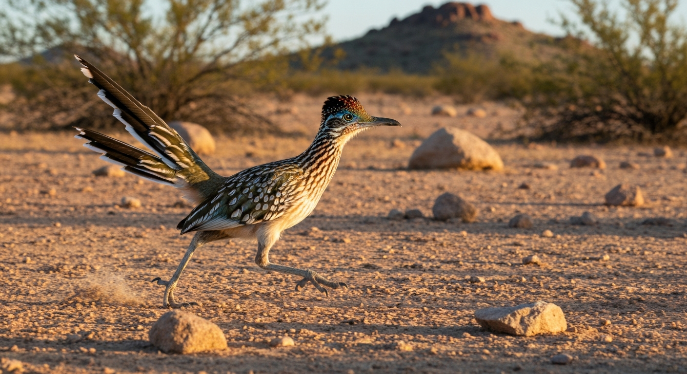 Greater Roadrunner running across mesquite-dotted desert at golden hour, crest raised and tail horizontal.