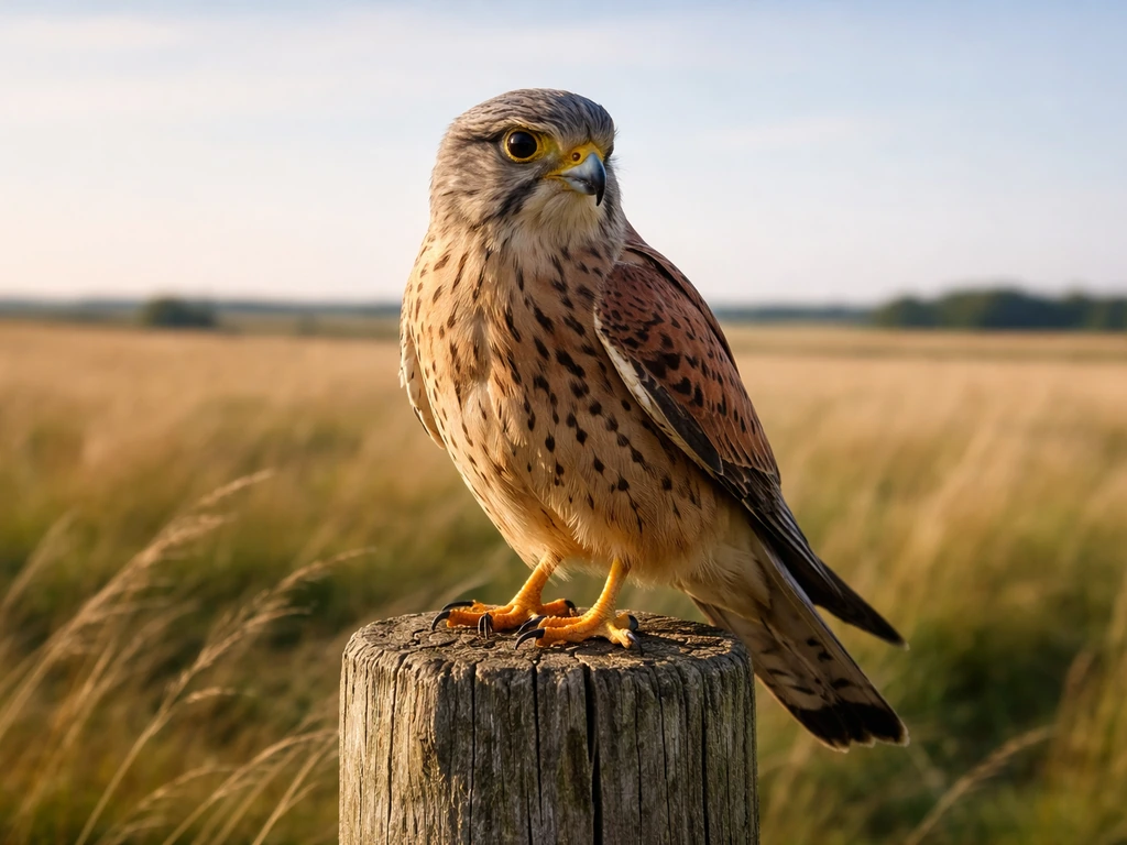 A kestrel perched on a fence post in open countryside, looking alert and predatory.
