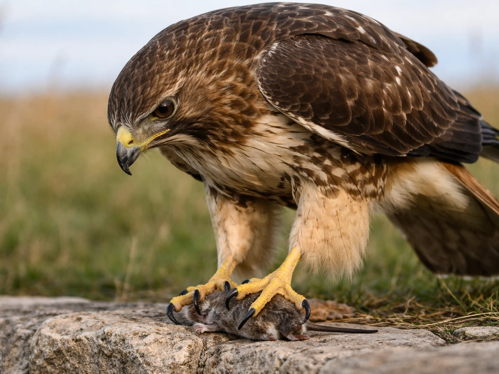 Hunting raptor with talons gripping prey on a rocky ledge, feathers and feet clearly visible