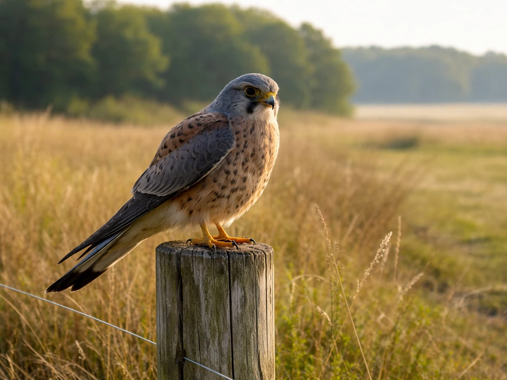 Common kestrel perched on a fence in open fields, wings poised as it hovers and hunts.