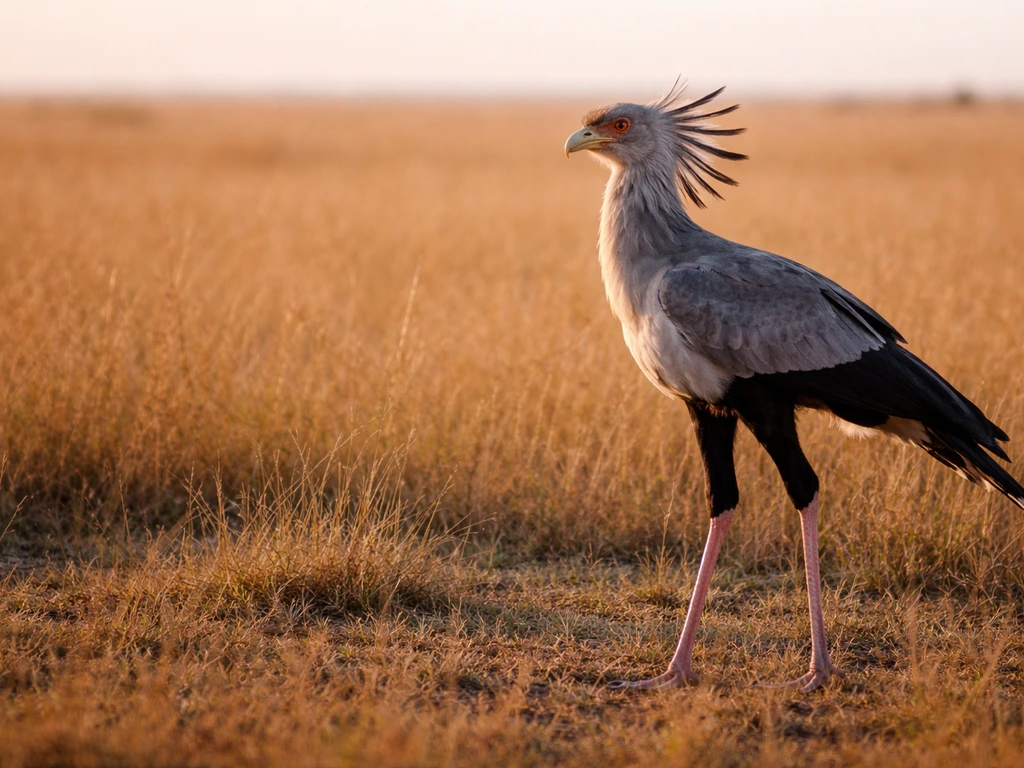 Secretary bird in African savanna grassland, showing long legs and hooked beak like a raptor.