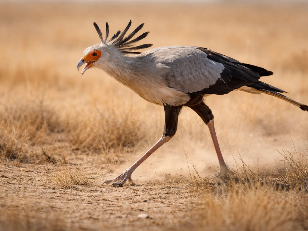 Secretary bird hunting on the ground in open savanna grass, showing its hooked beak and long legs.