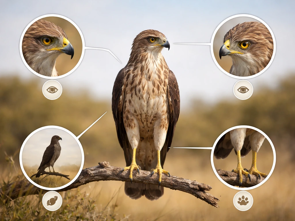 Minimal outdoor photo checklist-style scene with a hooked-beak raptor silhouette, crested face markings, long legs