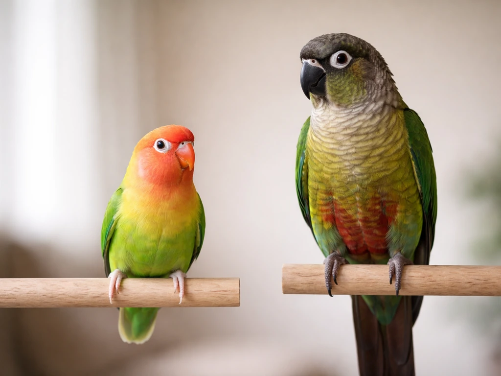 A small lovebird perched next to a larger parrot on separate wooden dowels for direct comparison.