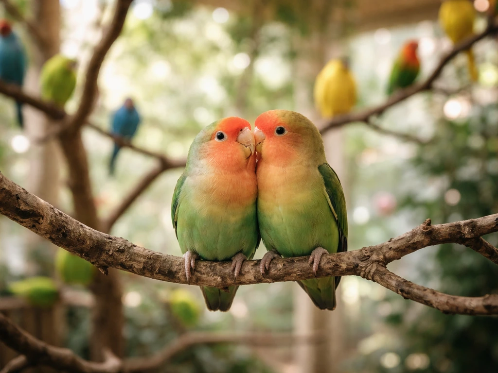 Two lovebirds perched on a branch in a softly lit aviary, minimal and natural.