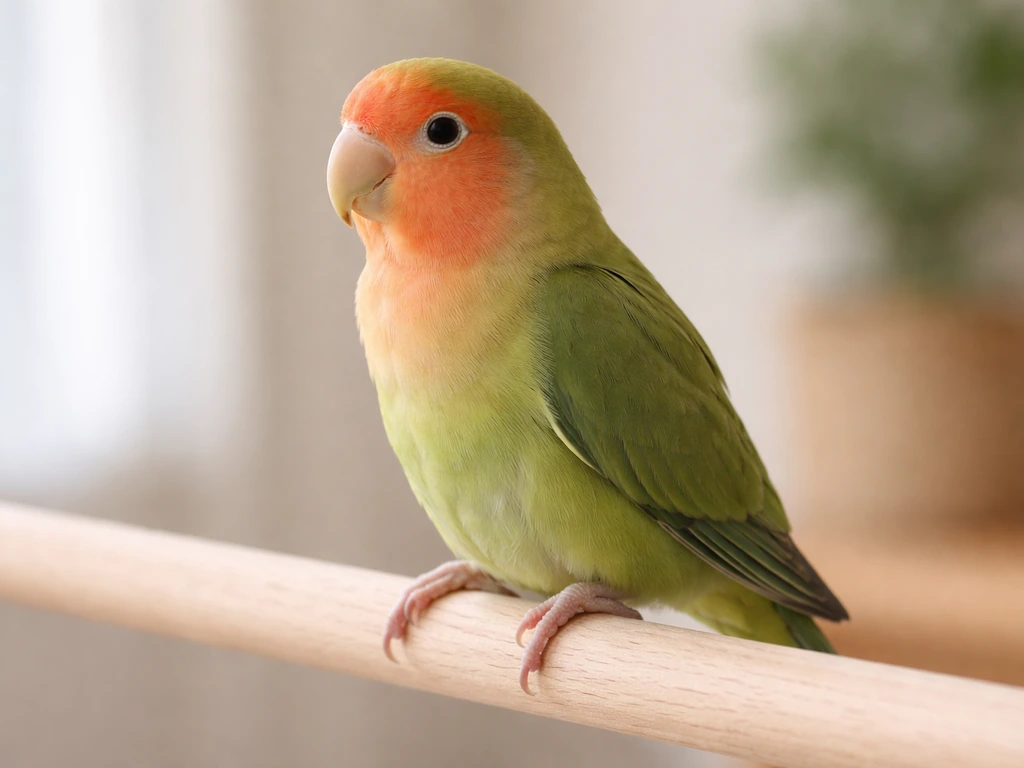 Close-up side view of a lovebird perched on a wooden dowel, showing beak and short tail.