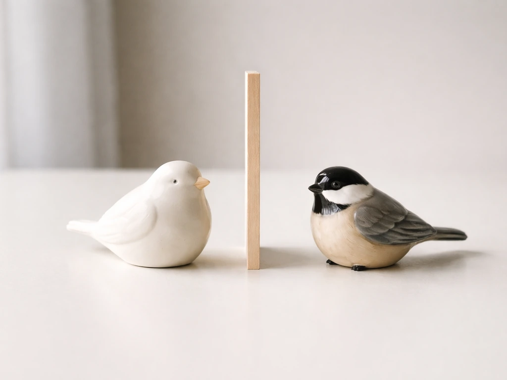Two unlabeled bird figurines side-by-side on a desk, separated to suggest genus vs species.
