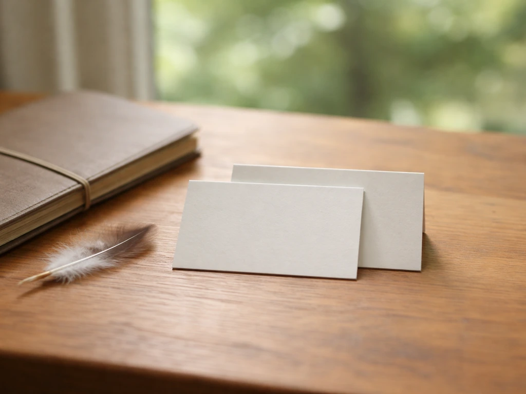 Minimal desk scene with feather and two blank cards suggesting a two-part Latin bird name structure.