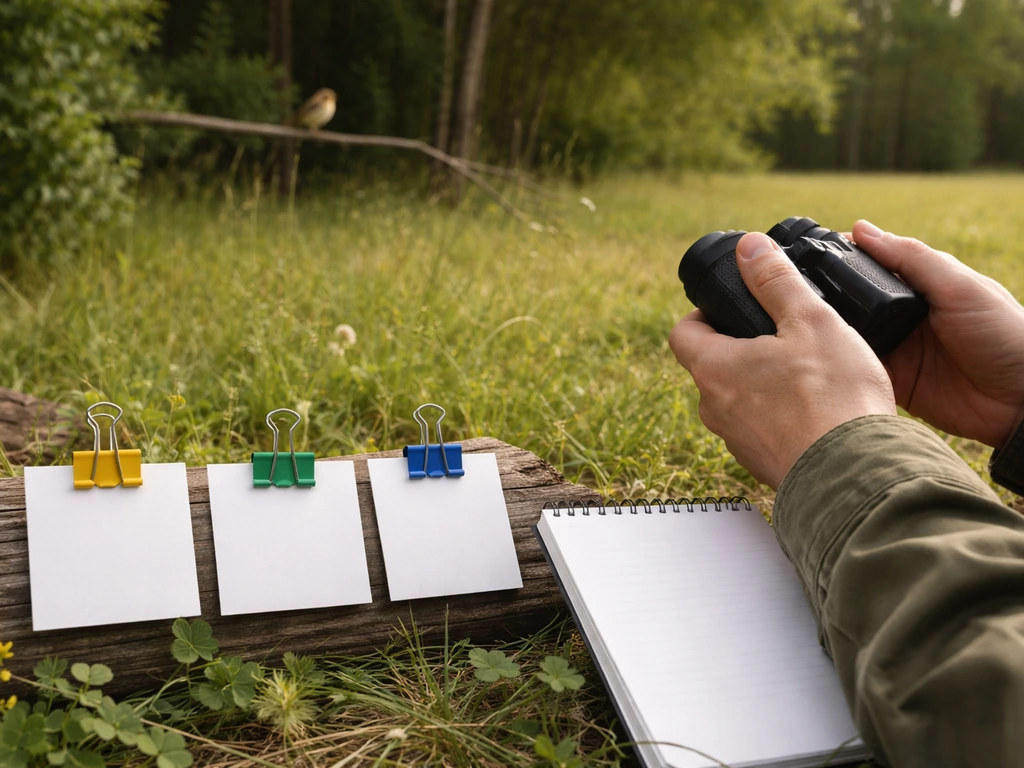 Hands with binoculars beside blank cards and clips near a perched songbird in a grassy field.