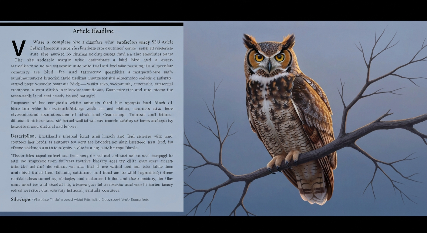 Great horned owl perched on a branch at dusk, showing face and talons, educational-style illustration.