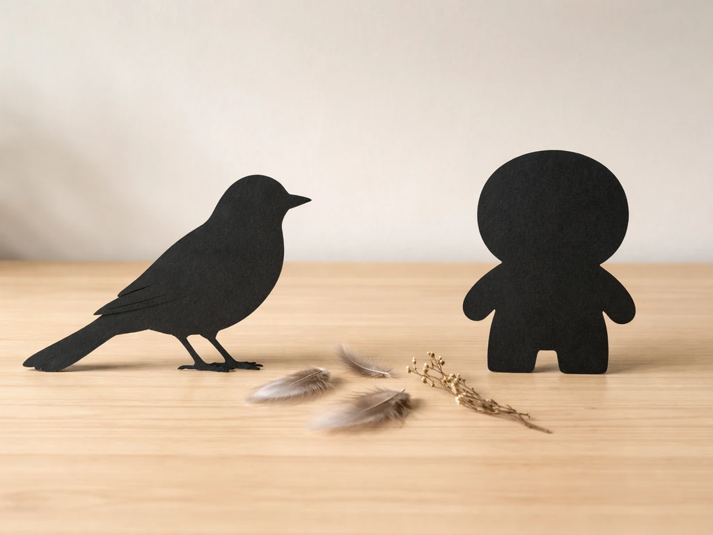 Minimal tabletop scene with black bird and mascot silhouettes, plus feathers suggesting taxonomy vs lookalikes