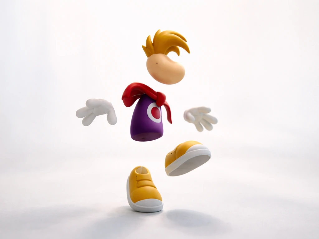 Minimal floating cartoon humanoid silhouette with separated limbs on a clean light background.
