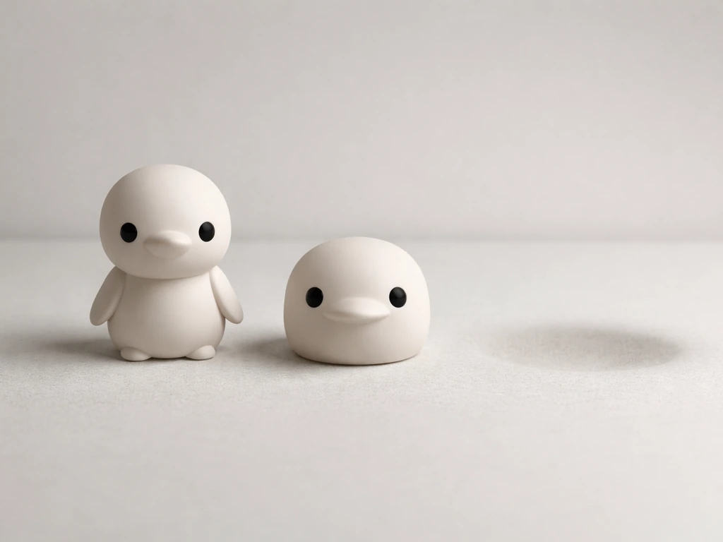 Minimal scene showing a stylized cartoon figure without feathers, a beak, or egg-like elements