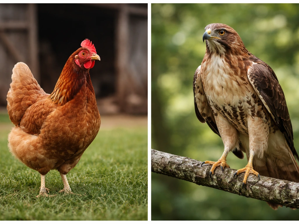 A chicken standing on grass beside a perched hawk, highlighting difference between non-raptor and bird of prey.