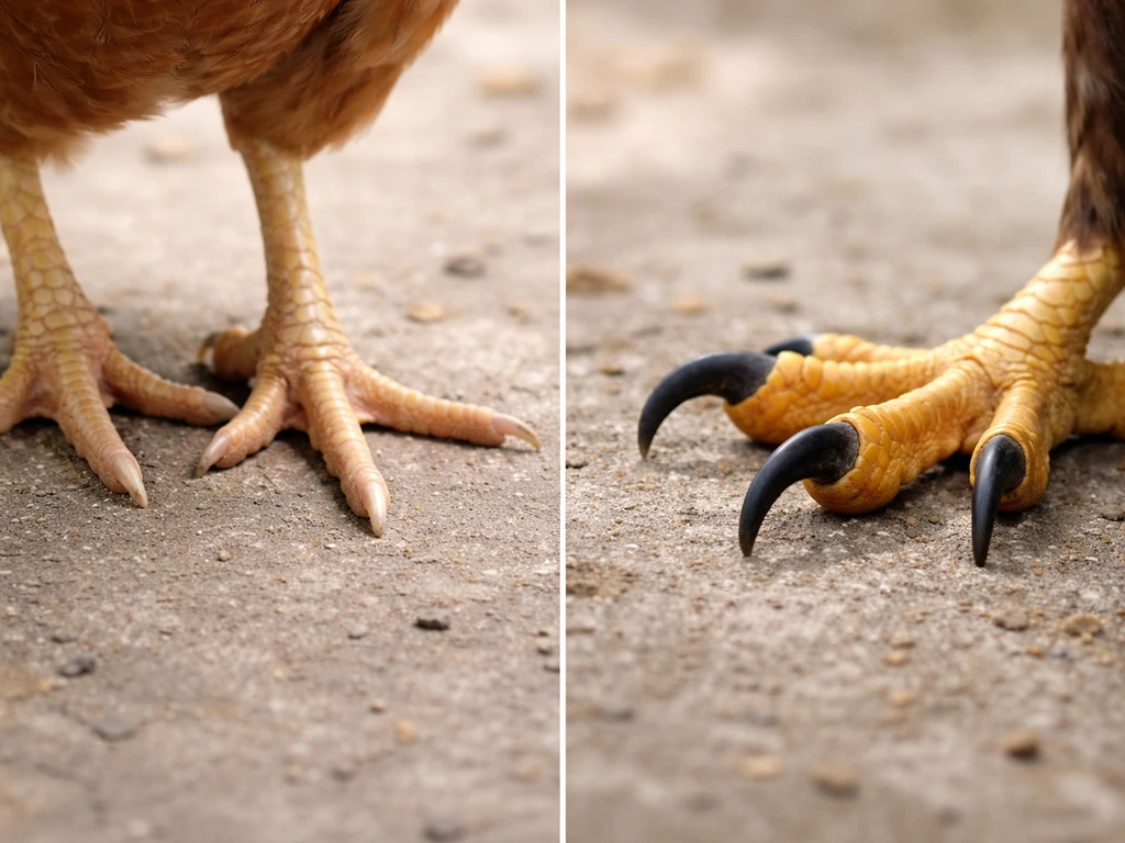 Close-up of a chicken’s clawed scratching feet and pointed beak beside a raptor-like talon for comparison.