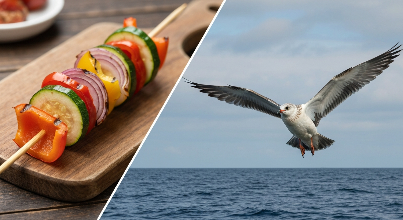 Split editorial image: a wooden cooking skewer with grilled vegetables on the left, and a skua seabird in flight over the ocean on the right.