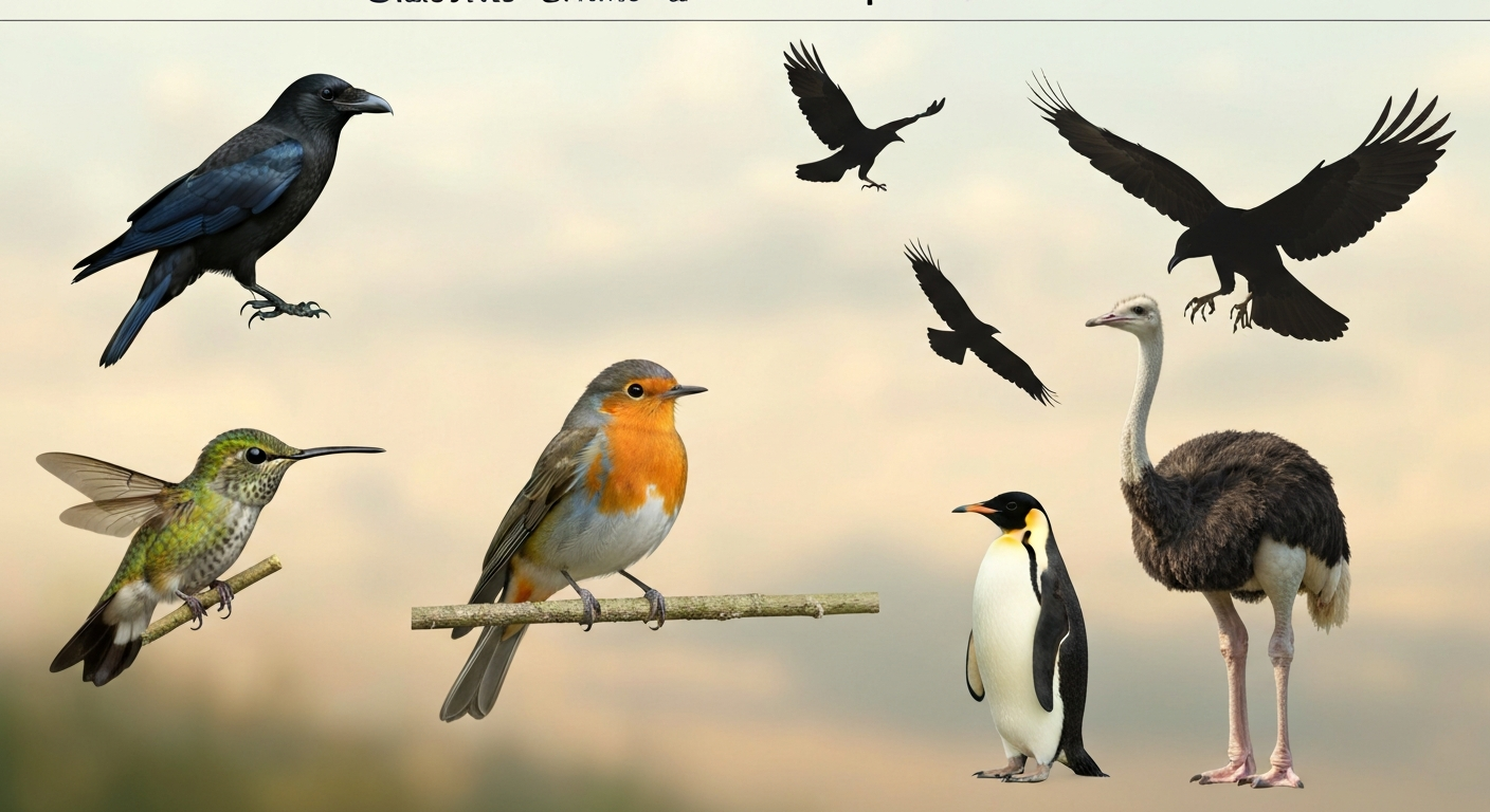 Composite photorealistic image showing a variety of birds — hummingbird, robin, crow, raptor in flight, penguin, and ostrich — illustrating the diversity of Class Aves.