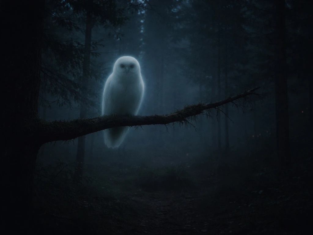 Moonlit misty forest with a pale ghostly owl-like silhouette perched on a tree branch at night.