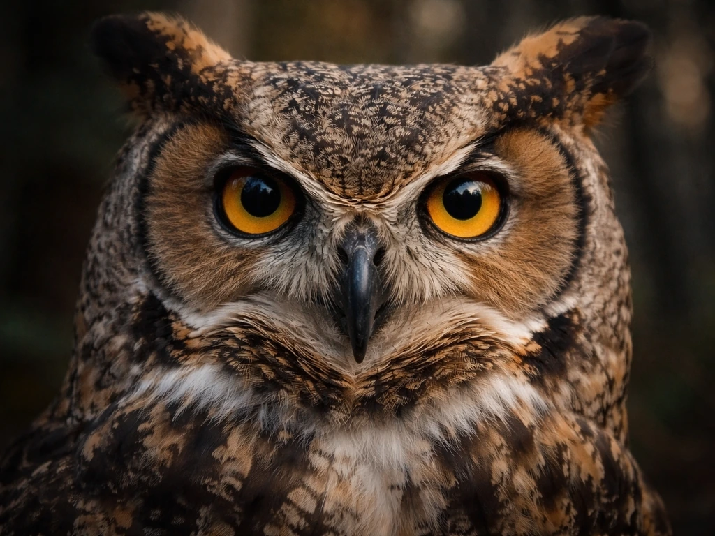 Close-up of an owl’s facial disk and eyes with detailed feathers, softly blurred forest background.