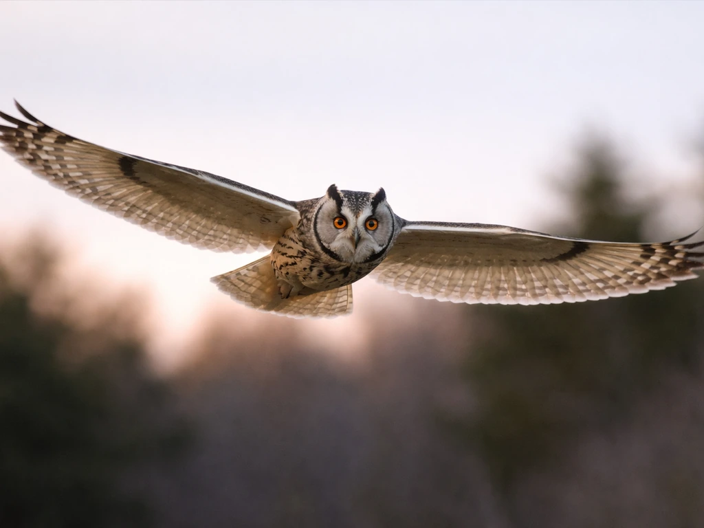 Long-eared owl flying with broad rounded wings and visible feather pattern.