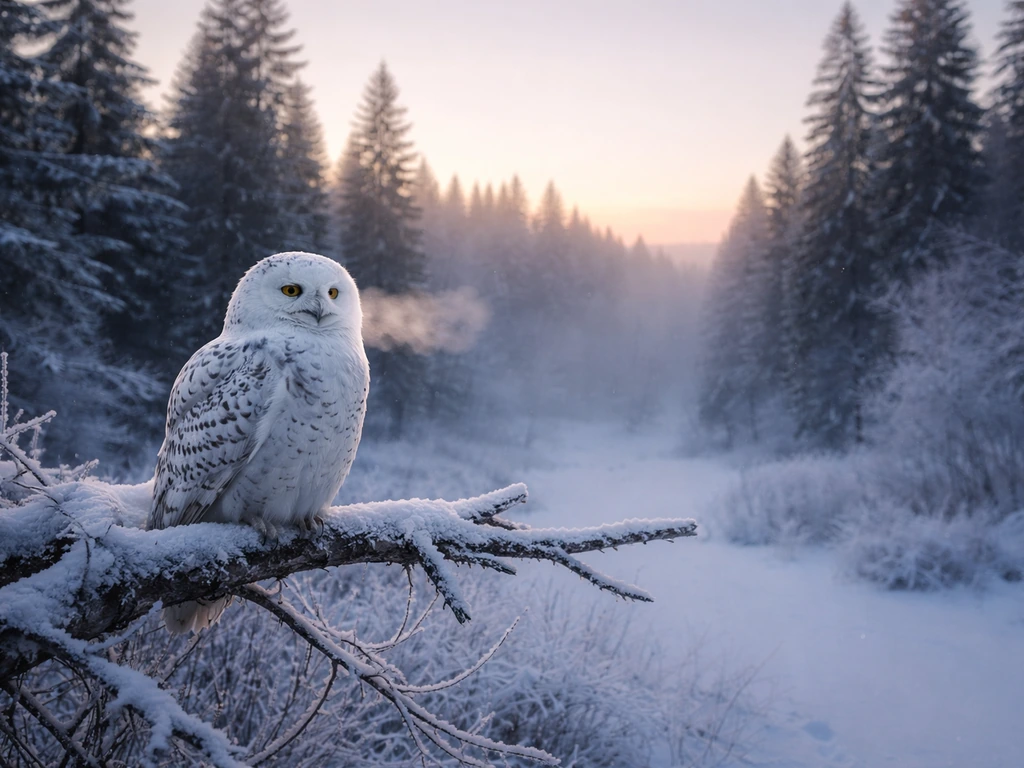 Owl perched on a snowy branch at dawn with misty trees and soft twilight sky.