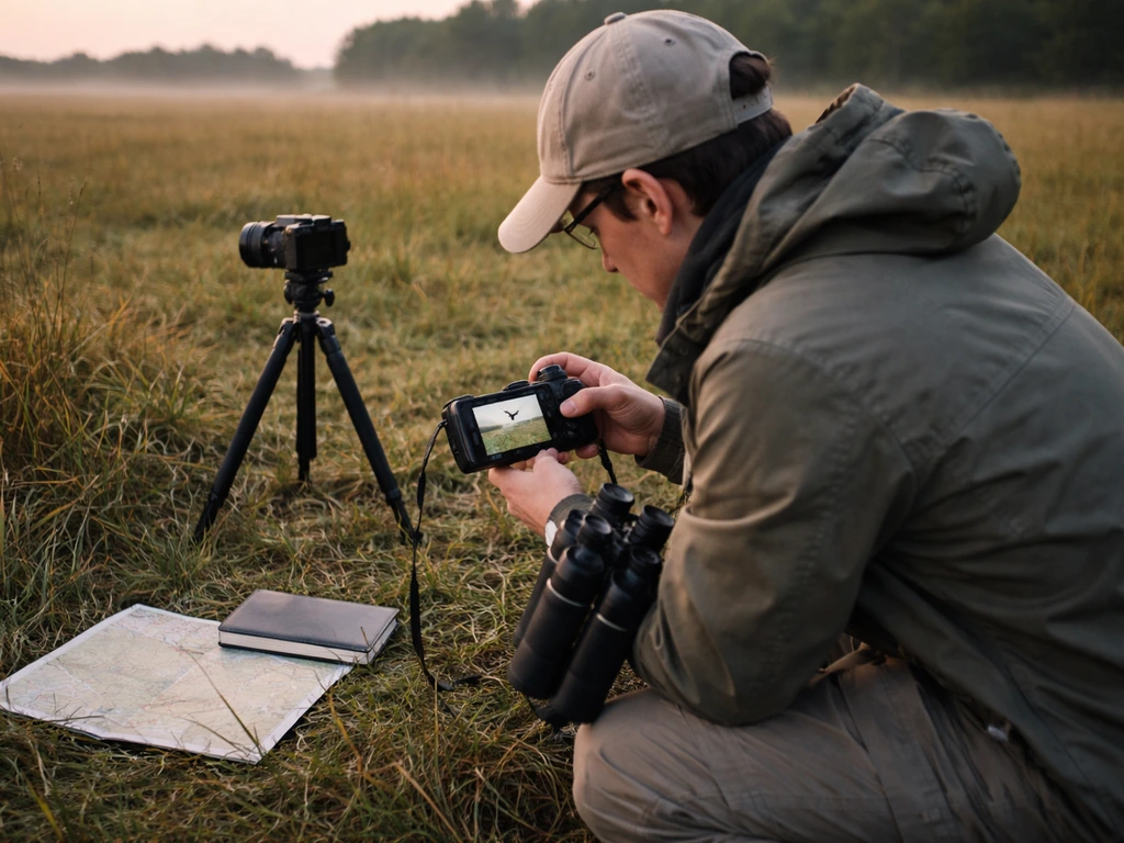 Birder in an open field reviewing a bird photo on a camera while binoculars and a blank map lie nearby.