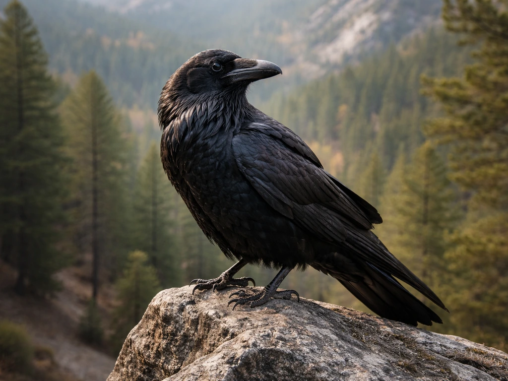 A vivid raven perched on a rocky ledge in a natural landscape, showing detailed feathers and alert posture.