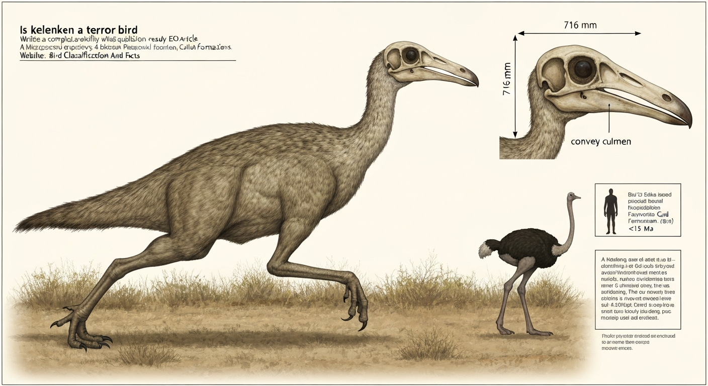 Life reconstruction of Kelenken guillermoi running in Miocene Patagonian scrub with an inset lateral skull close-up annotated '716 mm', and human and ostrich silhouettes for scale; labeled with species name and Collón Curá Formation.