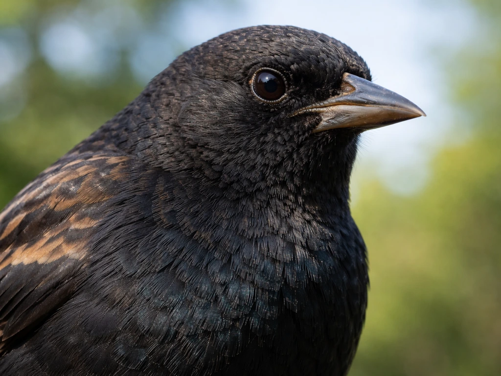 Close-up of a bird’s beak and textured feathers with a softly blurred outdoor background.