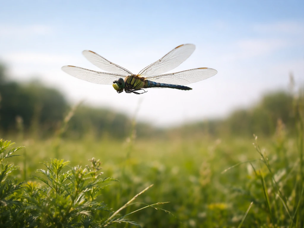 A large dragonfly hovering near green vegetation with a distant bird-like silhouette feel against the sky.