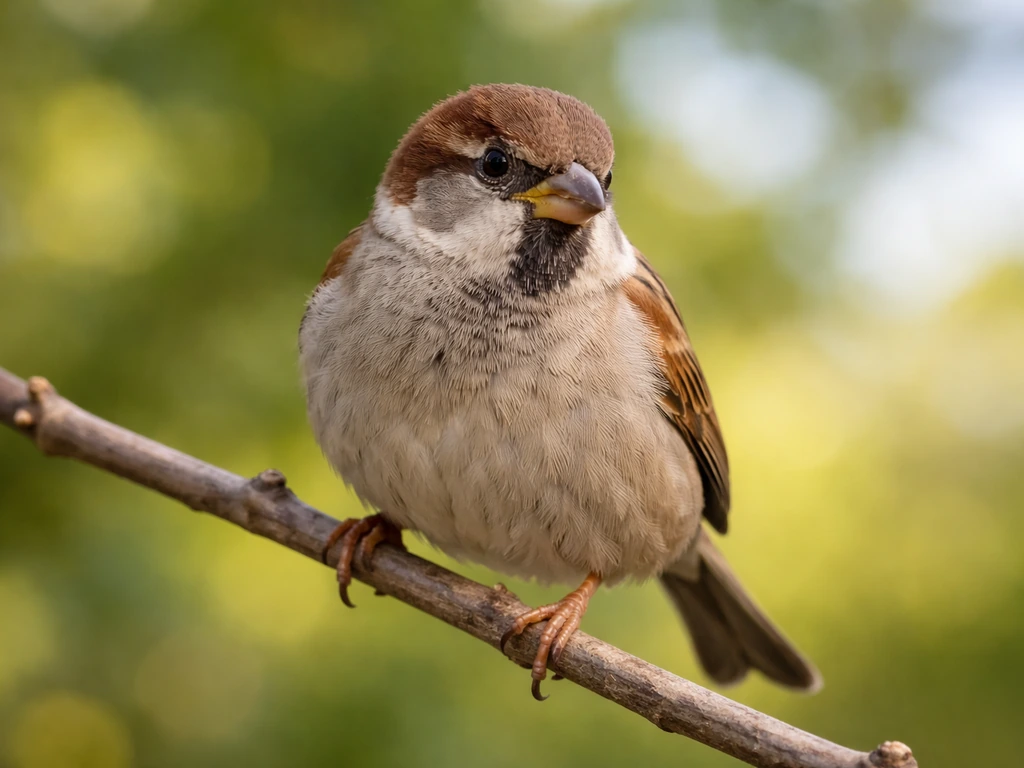 Close-up of a sparrow perched on a twig, showing beak, feet, and detailed plumage.