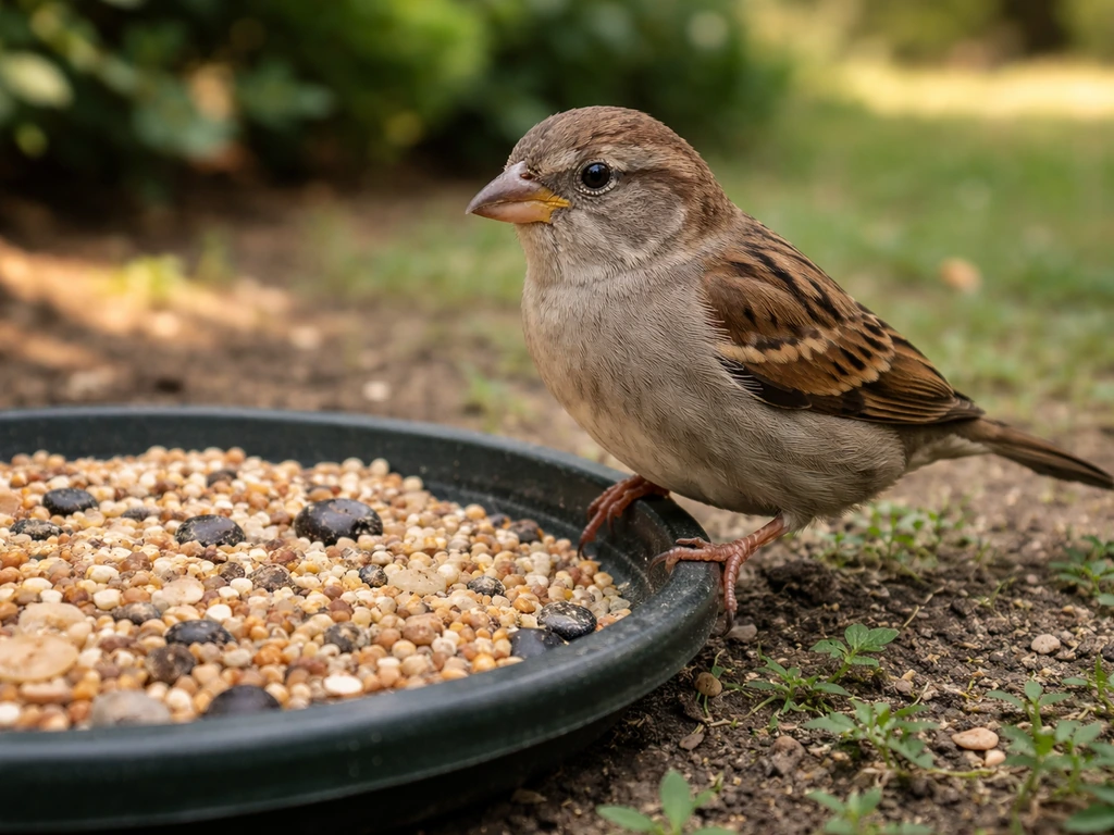 A house sparrow perched on a small garden feeder, showing its brown-gray plumage and alert stance.
