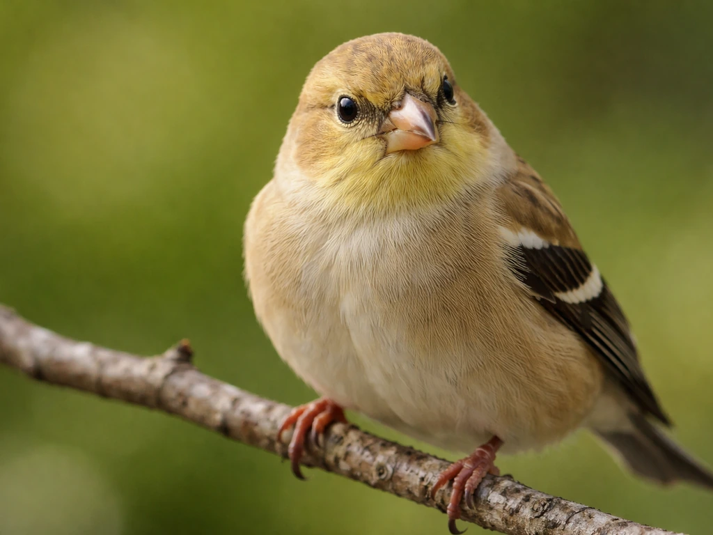 Close-up of a perched finch showing a short, round, conical beak against blurred green foliage.