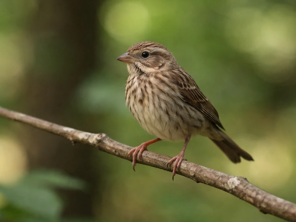 Streaky brown juvenile sparrow perched on a branch with a soft green forest background.