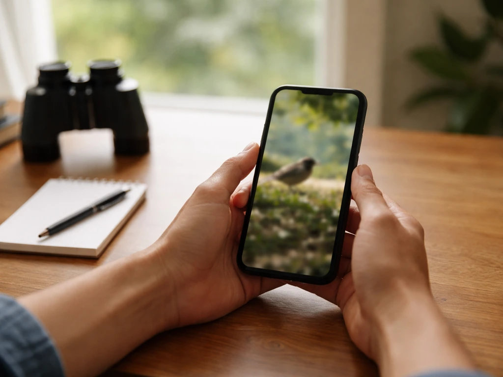 Minimal office desk scene with a phone displaying a blurred nature photo for checking details