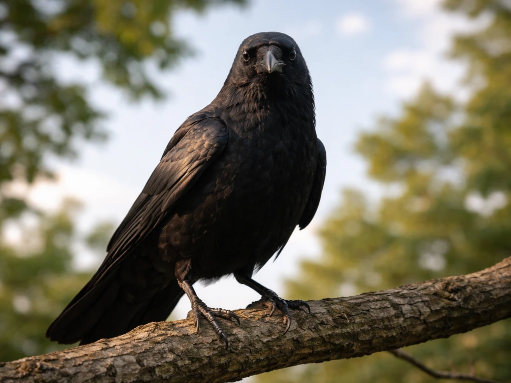 A black crow perched on a branch against trees and sky, dramatic and realistic.
