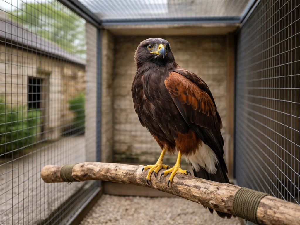 A Harris’s hawk perched inside a secure UK aviary in a quiet mews setting