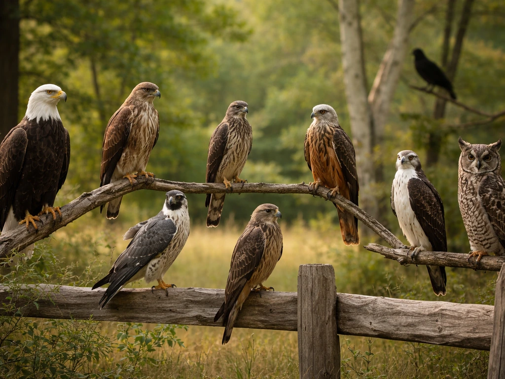 Minimal photo-style scene showing several raptors perched on branches to represent eagles, hawks, falcons and owls.