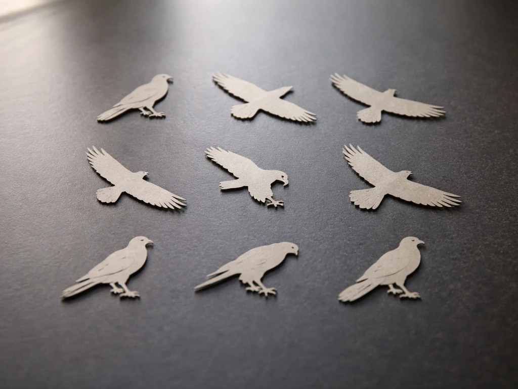 Dark tabletop with nine separate bird-of-prey silhouette icons arranged in a simple grid.