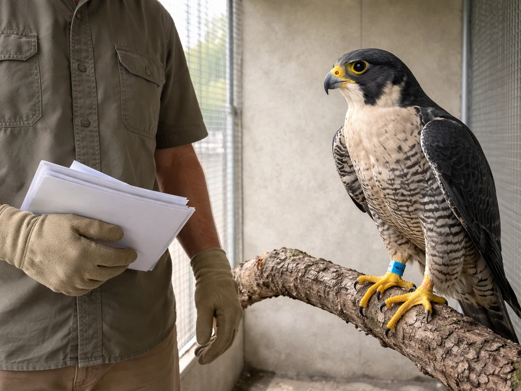 Handler in a clean secure aviary with a captive-bred Schedule 4 raptor, blue registration band visible.
