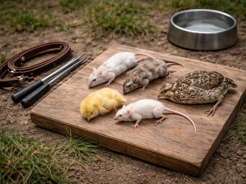 Whole-prey mice and chicks on a board beside falconry feeding tools in a quiet outdoor setting.