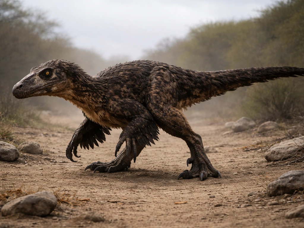 Austroraptor cabazai stands on two legs in a dim prehistoric landscape, non-bird silhouette