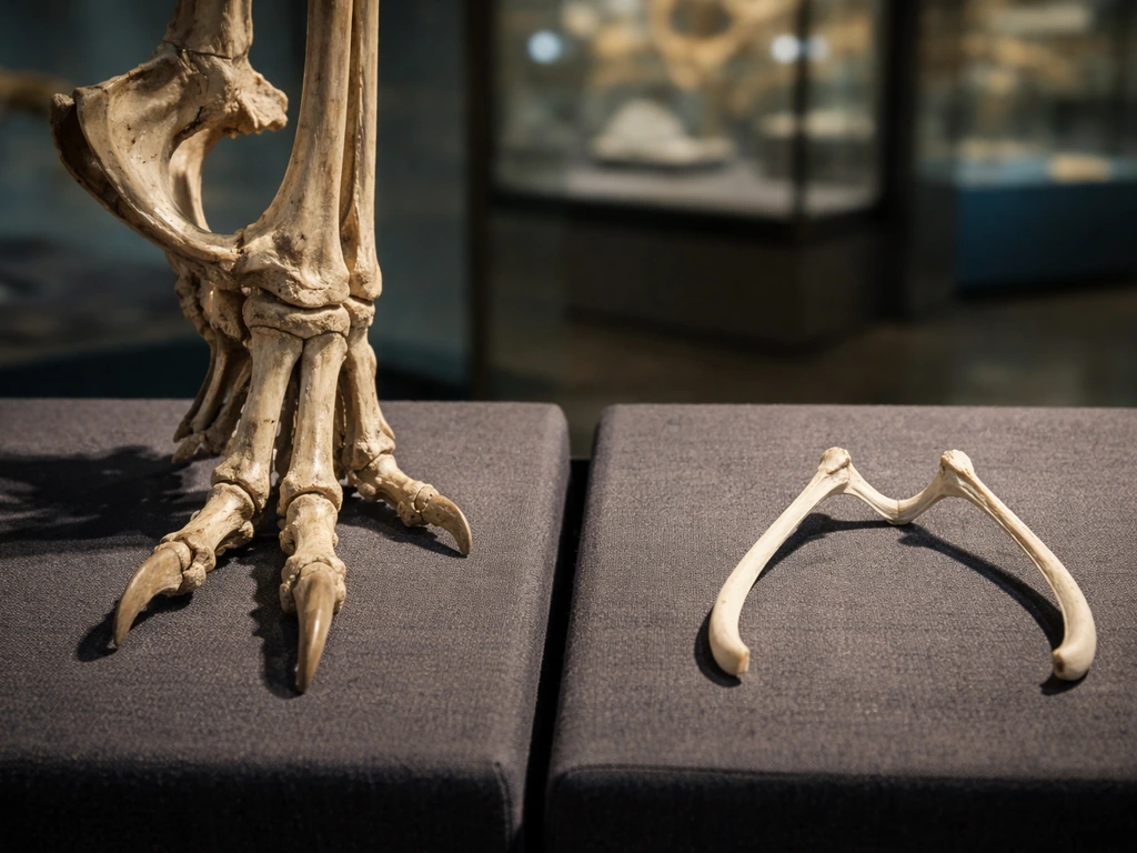 Minimal photo-style scene showing a fossil theropod leg and pelvis bones beside a bird-like wishbone for contrast.