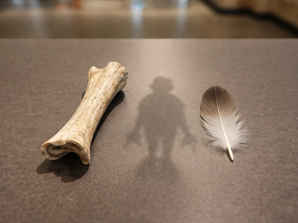 Fossil bone fragment and a modern bird feather placed side by side on a dark tabletop.