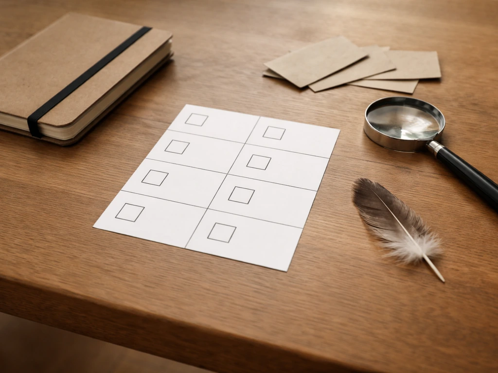 Minimal tabletop checklist with blank checkboxes, magnifying glass, and feather under natural light.