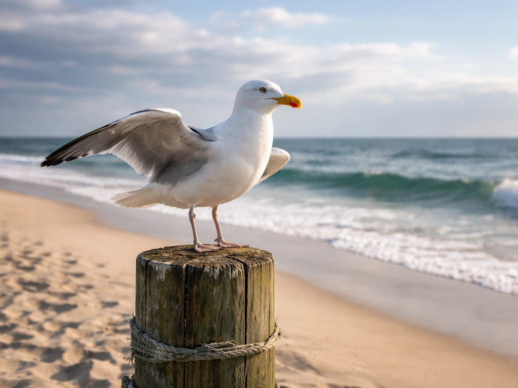 A seagull perched on a pier with ocean and sky behind it, emphasizing the bird-of-prey question.