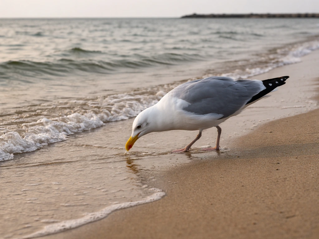 A herring gull forages along a sandy shoreline, walking and pecking near the water.