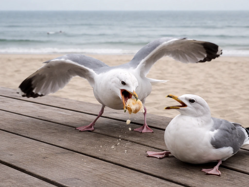 A seagull aggressively steals food from another bird on a quiet beach walkway.